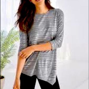 Silver ribbon festive Avon Mark Madeline assymetrical tee top shirt Large L gray